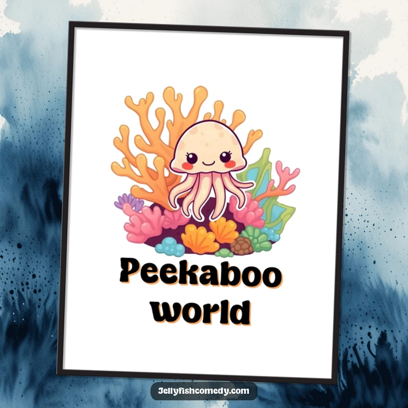 Funny Jellyfish Digital Art Print: A high-quality image of a jellyfish peeking from coral, full of funny charm.