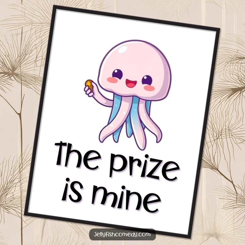 Funny kawaii jellyfish pointing to a treasure chest, printable digital art for humorous and whimsical home decor.