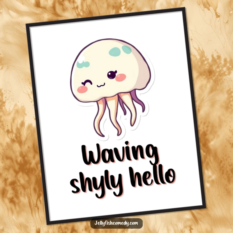 Funny shy jellyfish digital art, showcasing a cute smiling sea creature with waving tentacles, ready for download.