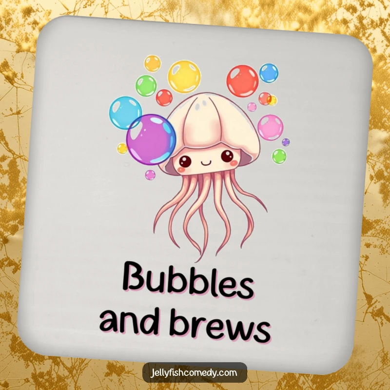 Funny Drink Coasters showcasing a jellyfish blowing colorful bubbles. These coasters offer whimsical protection.