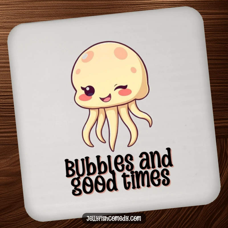 Funny winking jellyfish coaster, a sea creature with a mischievous smile and wink, a humorous and practical accessory for drinks.