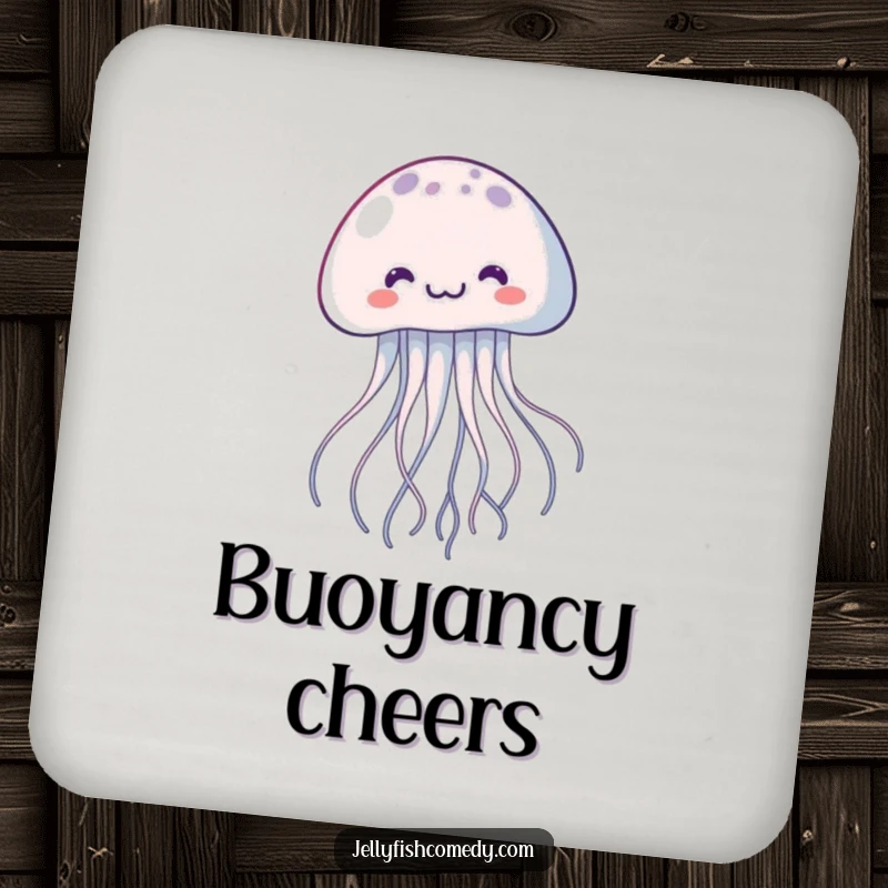 Funny kawaii jellyfish drink coaster, a joyful floating creature with trailing tentacles, adding cartoon charm.