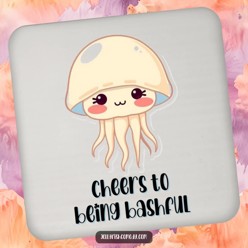 Funny drink coasters featuring a shy jellyfish blushing with rosy cheeks, offering cute protection for your surfaces.