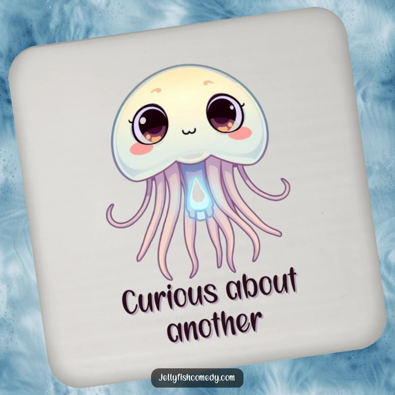Funny jellyfish with wide, curious eyes peering at a tiny glowing plankton, a humorous and protective drink coaster.
