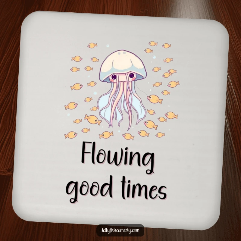 Funny drink coaster with a happy jellyfish drifting through a school of tiny fish, protecting surfaces with ocean charm.