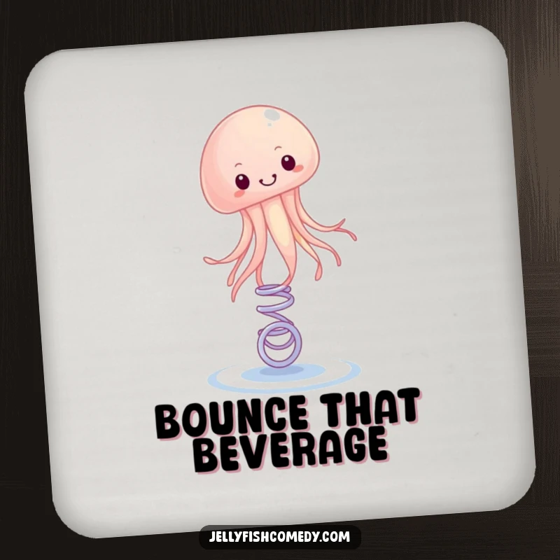 Funny Drink Coasters showcasing a happy jellyfish bouncing on a spring. These coasters offer playful protection.