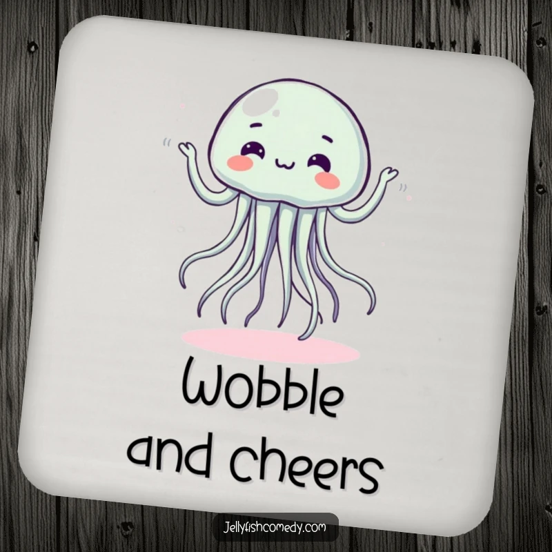 Funny drink coaster with a jellyfish doing a silly, wobbly dance, adding whimsical charm.
