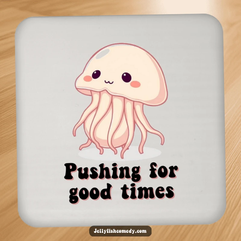 Funny drink coasters depicting a determined jellyfish pushing a giant pearl, adding a motivational and humorous touch.