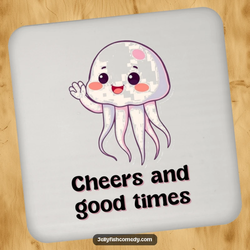 Funny cheerful jellyfish waving hello, a humorous drink coaster for protecting surfaces with a friendly vibe.