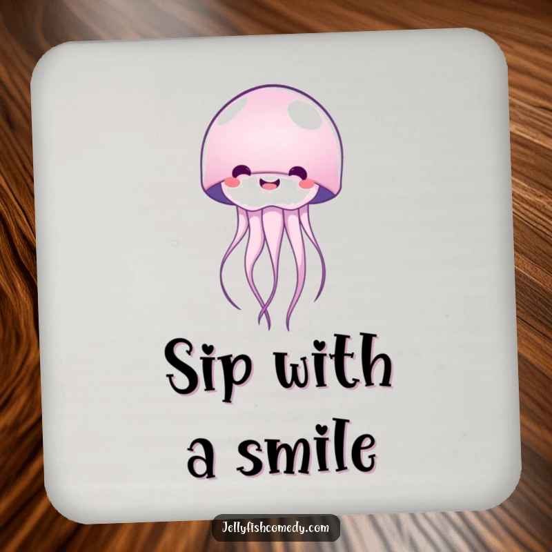 Funny happy jellyfish drink coaster, protecting surfaces with a smile, a cheerful addition to any coffee table setting.