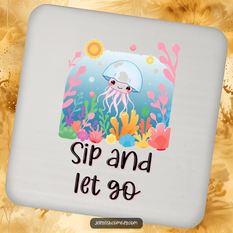 Funny Coaster: A contented jellyfish glides through vibrant underwater flora, offering protection with a side of peaceful humor.