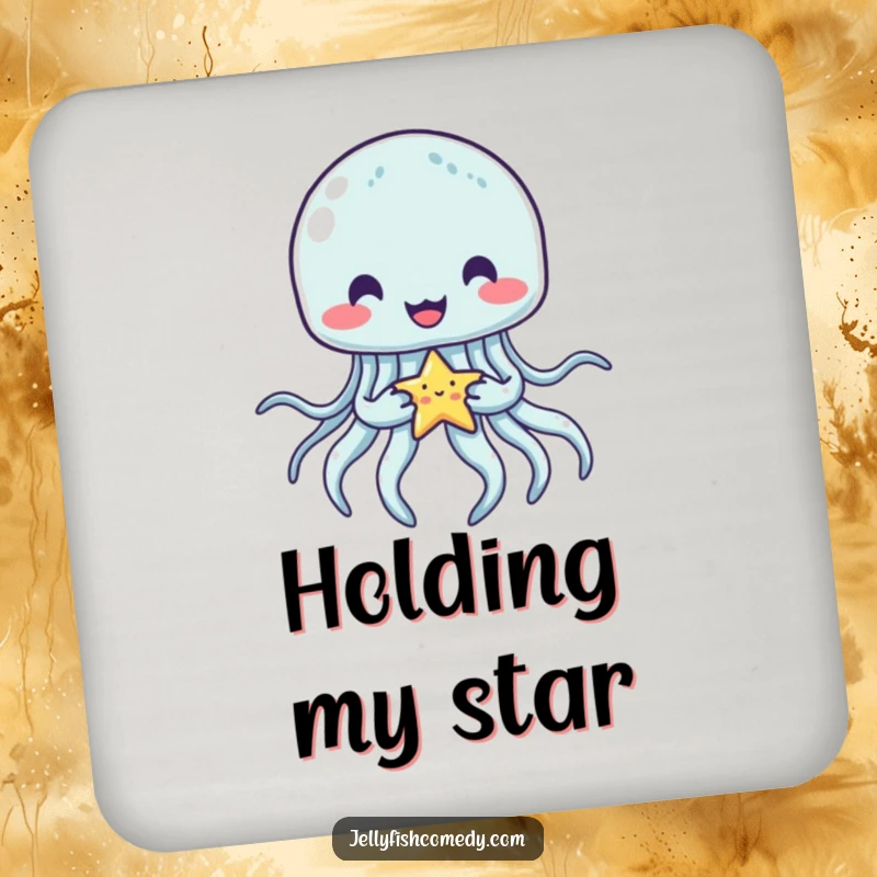 Funny jellyfish coaster set featuring a happy jellyfish holding a tiny star with its tentacles, protecting surfaces with celestial charm.