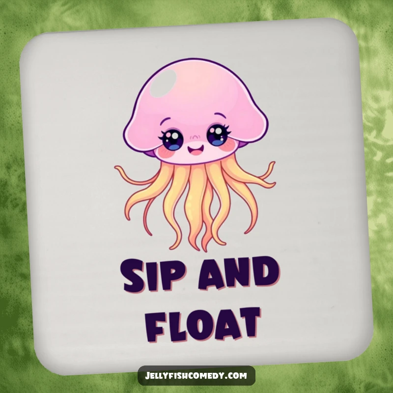 Funny Kawaii Jellyfish Coaster featuring a happy floating jellyfish with bright eyes and flowing tentacles, perfect for drinks.