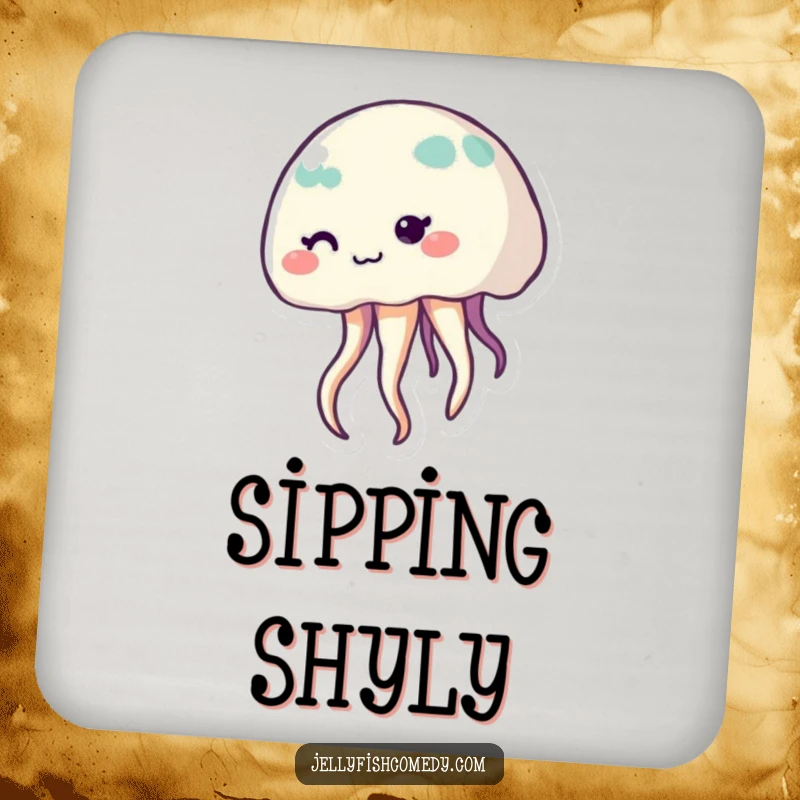 Funny shy jellyfish coasters featuring cute smiling sea creatures with gently waving tentacles, protecting surfaces.