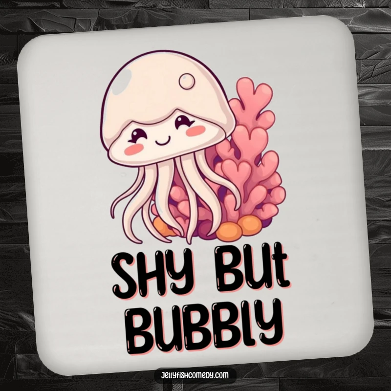 Funny shy jellyfish drink coaster features a cute jellyfish peeking shyly from behind coral, adding ocean charm to table protection.