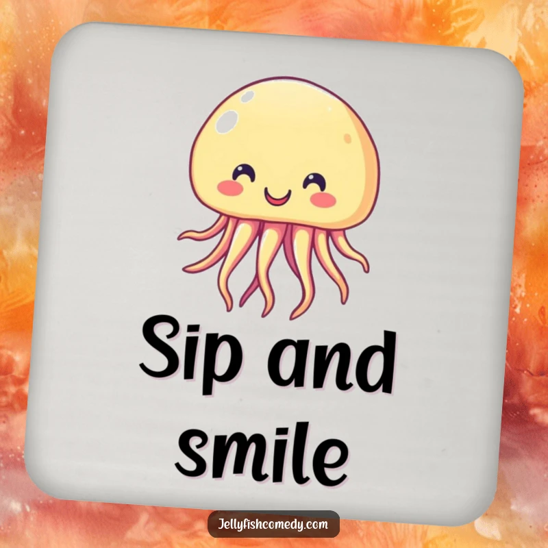 Funny Drink Coasters showcasing a beaming, cheerful jellyfish. These coasters protect surfaces with humor and style.