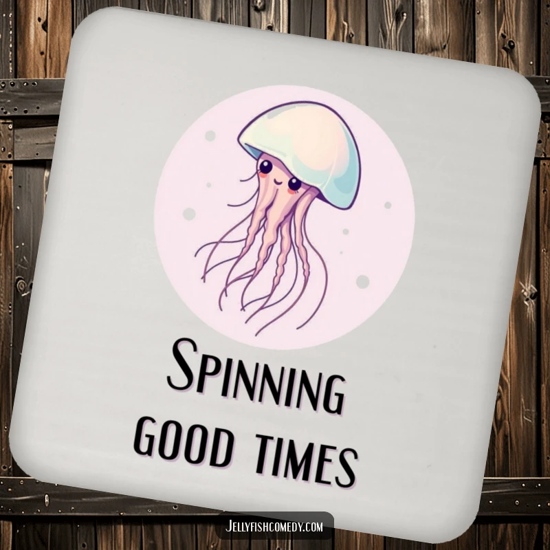 Funny drink coasters featuring a graceful jellyfish in a mesmerizing spin, offering both protection and artistic amusement.