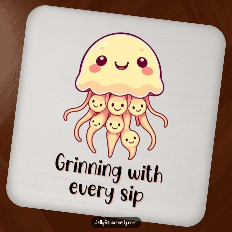 Funny Kawaii Jellyfish Coaster featuring a jellyfish with multiple smiley faces on its bell, perfect for drinks.