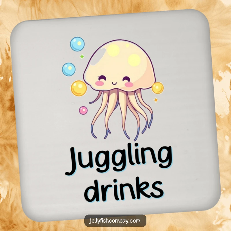 Funny drink coaster featuring a jellyfish juggling luminous glowing orbs, adding magical charm.