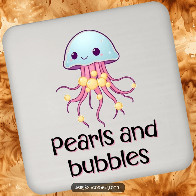 Funny drink coaster with a jellyfish balancing glowing sea pearls, protecting surfaces with elegant ocean charm.
