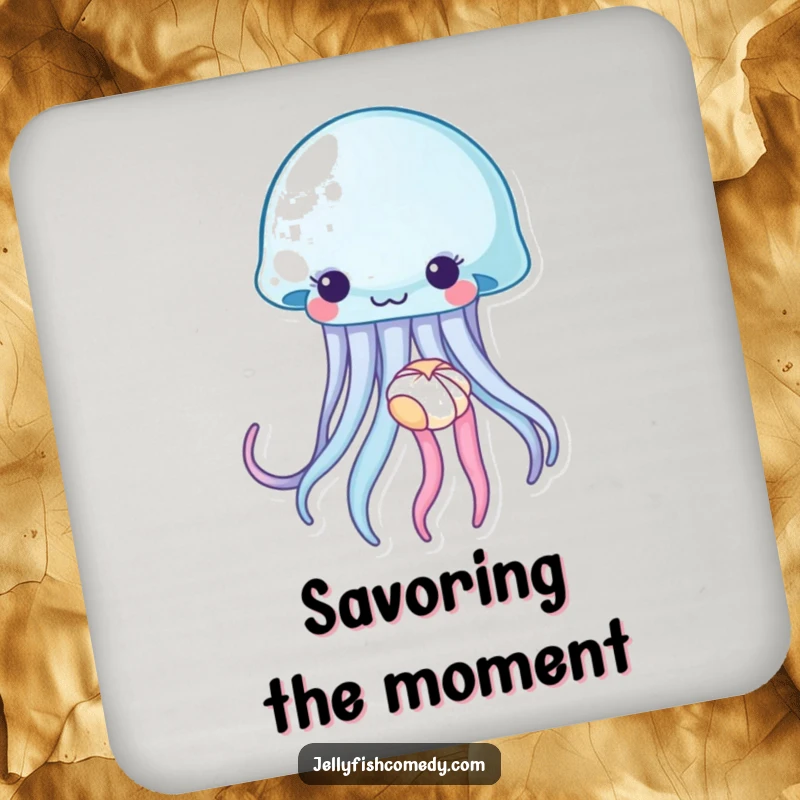 Funny jellyfish coaster, a sea creature gently holding a tiny seashell, offering surface protection with a serene, ocean-themed touch.