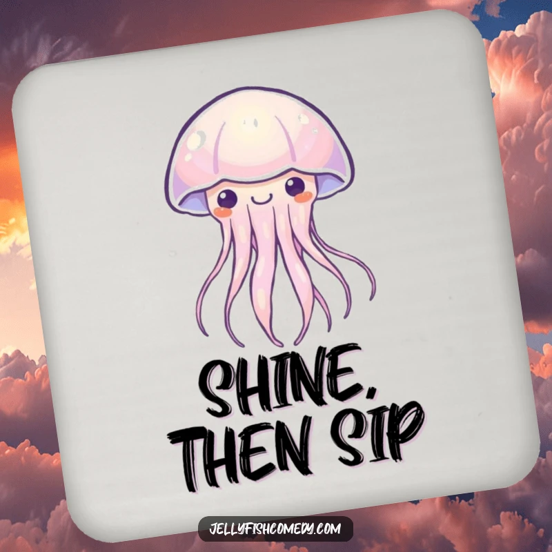 Funny Kawaii jellyfish coasters showcasing a creature emitting a soft, happy glow, protecting surfaces with tranquility. Humorous.