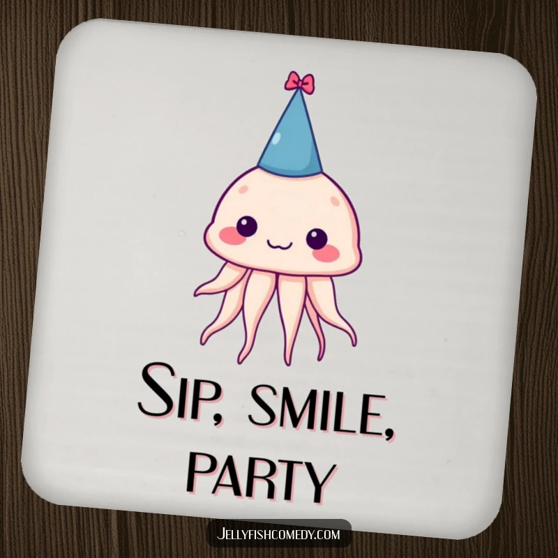 Funny drink coasters with a silly jellyfish wearing a tiny party hat, protecting surfaces with a humorous and cheerful design.