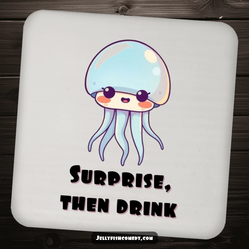 Funny Kawaii jellyfish coasters showcasing a surprised sea creature, protecting surfaces with a humorous expression.
