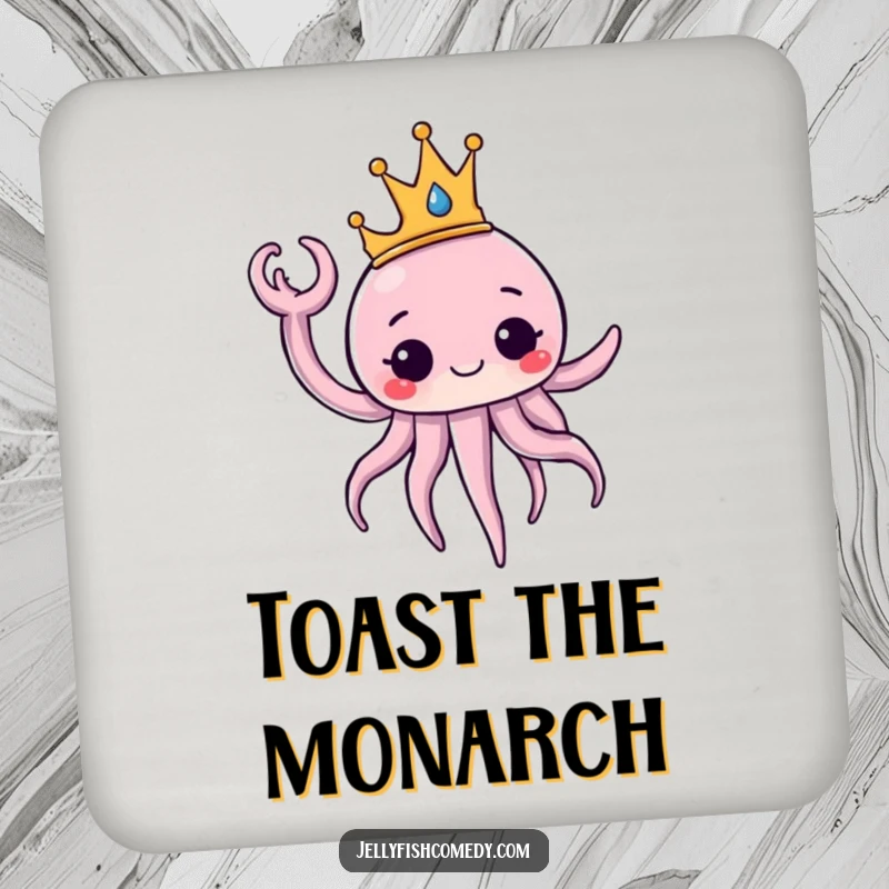 Funny Drink Coasters showcasing a jellyfish wearing a crown and waving regally. These coasters offer majestic protection.