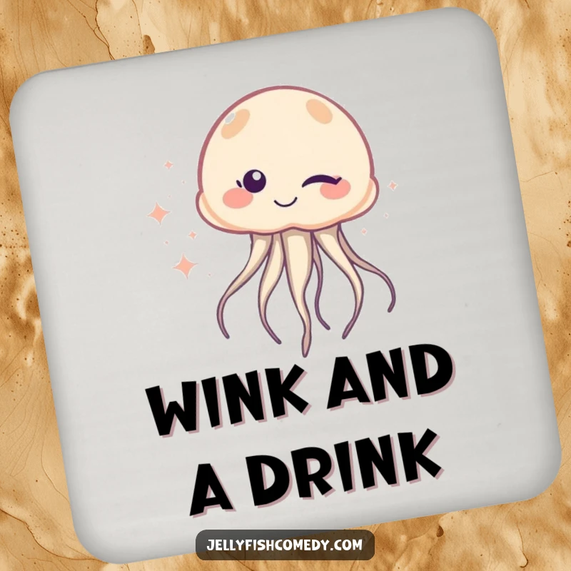 Funny Coaster: A jellyfish winks with one eye, leaving a trail of sparkles, offering protection with mischievous humor.