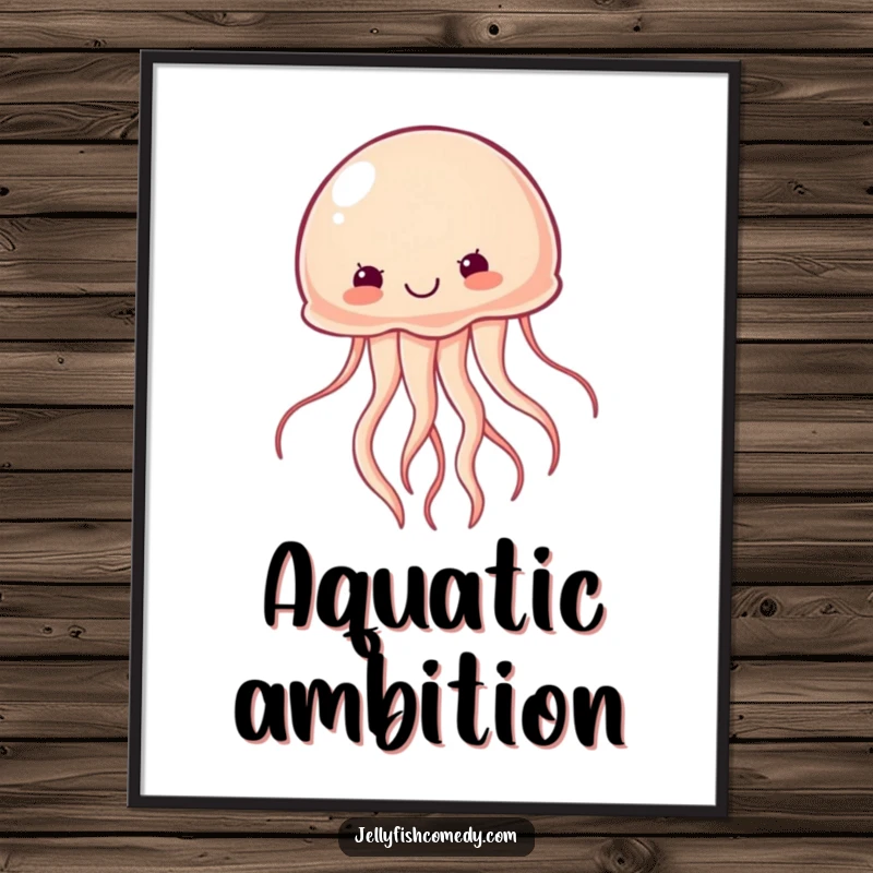 Funny determined jellyfish poster art shows a jellyfish swimming vigorously, embodying determination and motivational humor for wall decor.