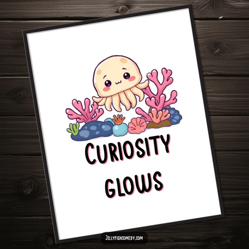 Funny poster showcasing a cute jellyfish curiously peeking from behind a vibrant coral reef, bringing underwater charm to any wall.