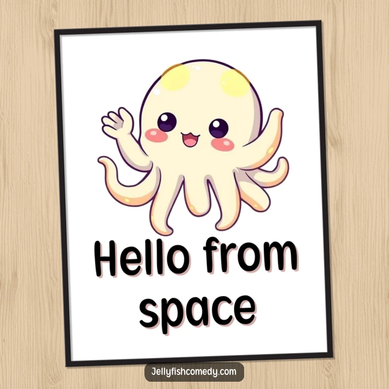 Funny floating creature with luminous, glowing tentacles, playfully waving a welcoming hello, a mesmerizing wall art piece.