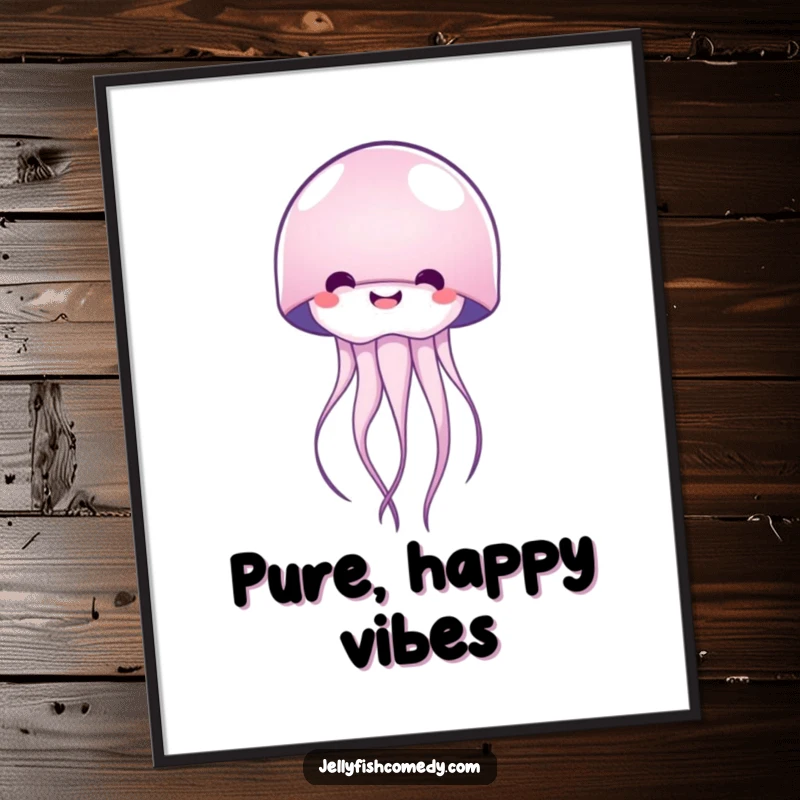 Funny happy jellyfish poster, radiating pure joy and happiness, a delightful ocean-themed wall art for any room.