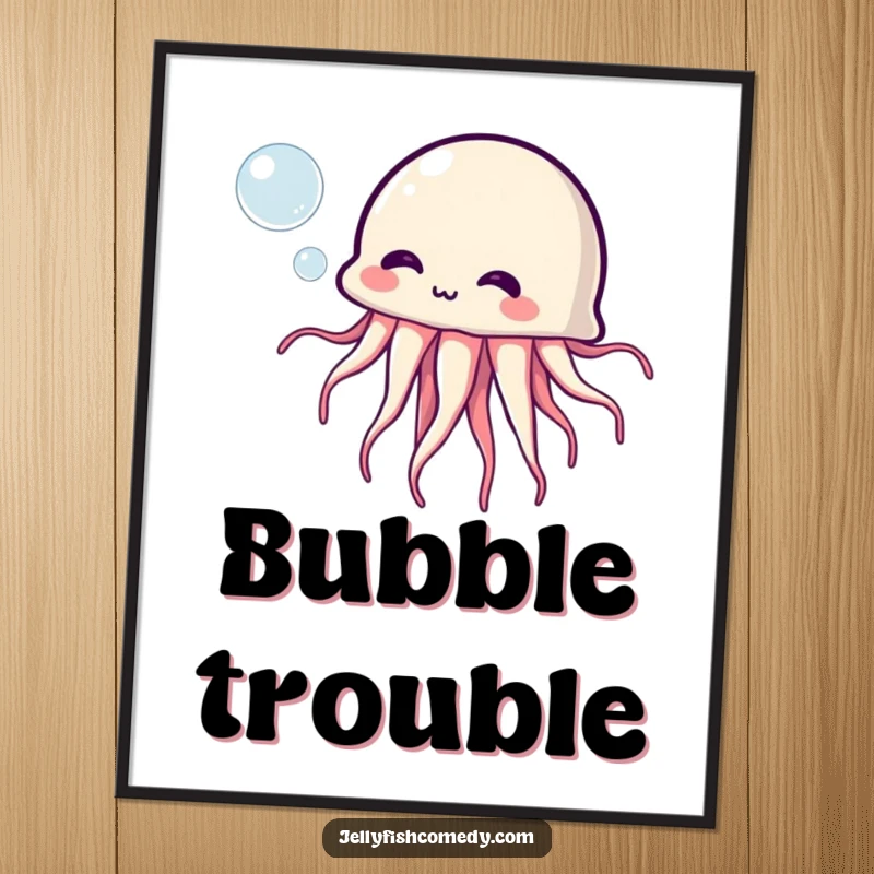 Funny Jellyfish Poster: A comical jellyfish blowing a bubble creates a humorous and cheerful piece of wall art.