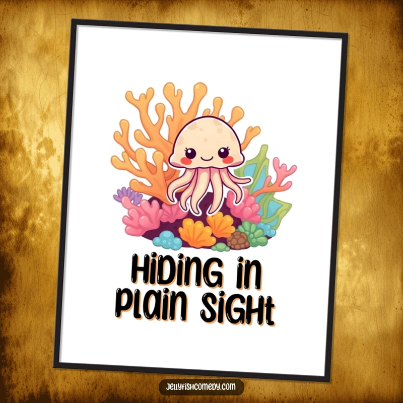 Funny Jellyfish Poster: A playful jellyfish peeking from colorful coral creates humorous and enchanting wall art.