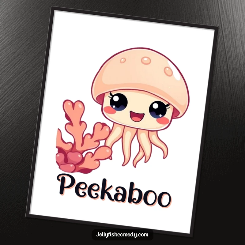 Funny jellyfish coral poster, wide happy eyes peeking from behind coral, adding cartoon charm and underwater whimsy.