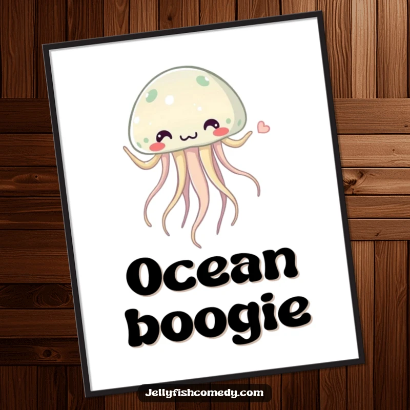 Funny jellyfish poster featuring a whimsical jellyfish doing a silly dance with its tentacles swaying rhythmically, perfect for adding underwater whimsy.