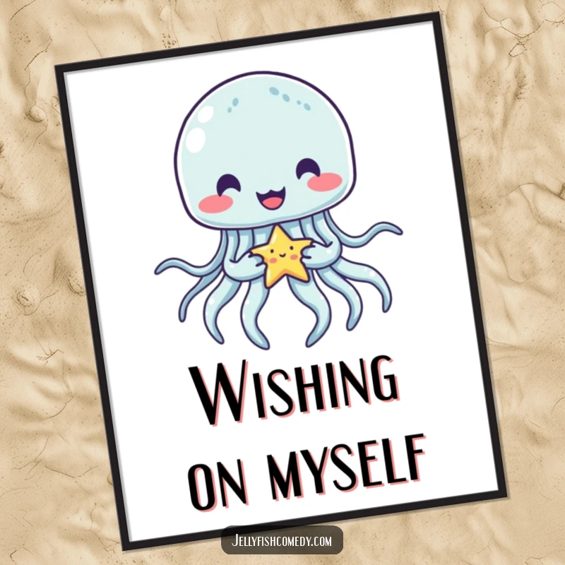Funny jellyfish poster featuring a content jellyfish happily holding a tiny star with its tentacles, creating a magical, underwater scene.