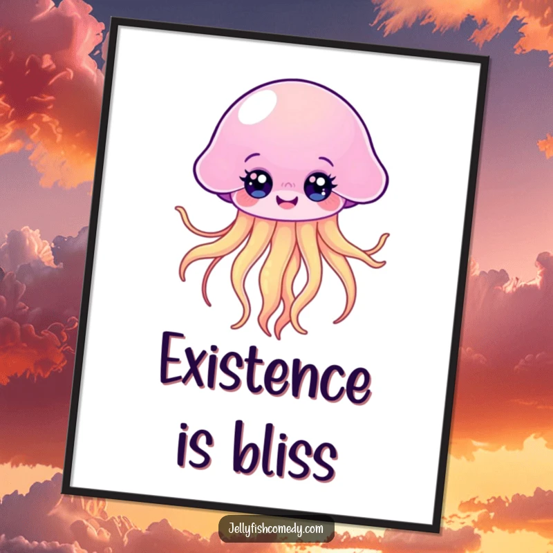 Funny Kawaii Jellyfish Poster showing a happy floating jellyfish with bright eyes and flowing tentacles, perfect wall art.