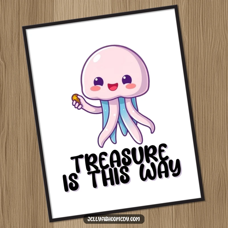 Funny kawaii jellyfish pointing at a treasure chest, charming wall art poster designed for humorous ocean-themed decor.