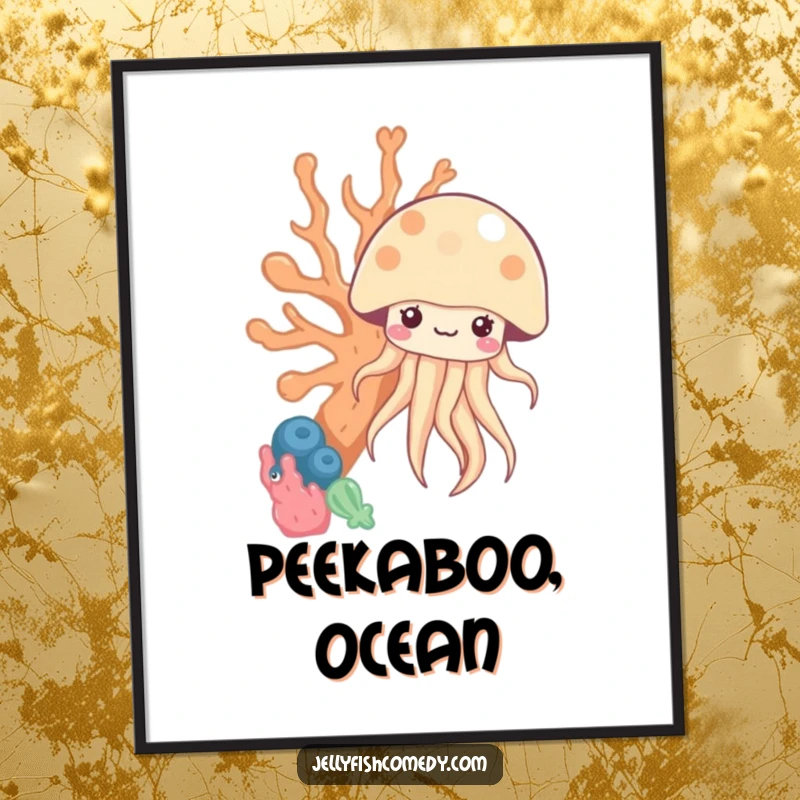 Funny kawaii jellyfish peeking from behind coral on a poster, adding humorous and charming underwater art.