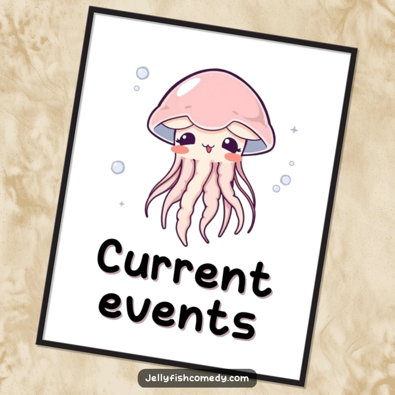 Funny surprised jellyfish poster art depicts a cute jellyfish blushing while caught in a gentle current, adding ocean charm.