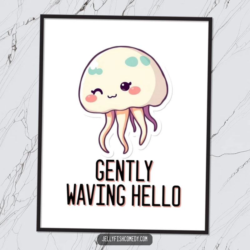 Funny shy jellyfish poster featuring a cute, smiling sea creature with gracefully waving tentacles, bringing calm ocean vibes.