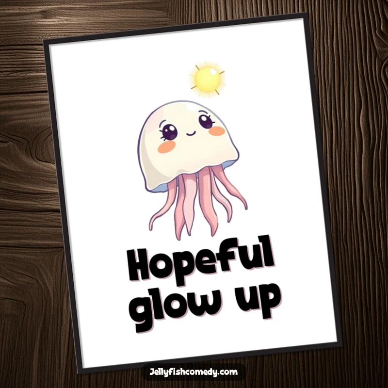 Funny poster of a jellyfish looking upwards with wonder at a distant light, symbolizing hope and dreams.