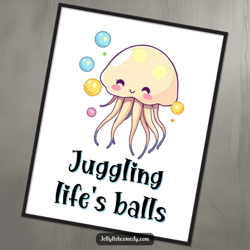 Funny poster art of a jellyfish playfully juggling illuminated glowing orbs, creating a magical scene.