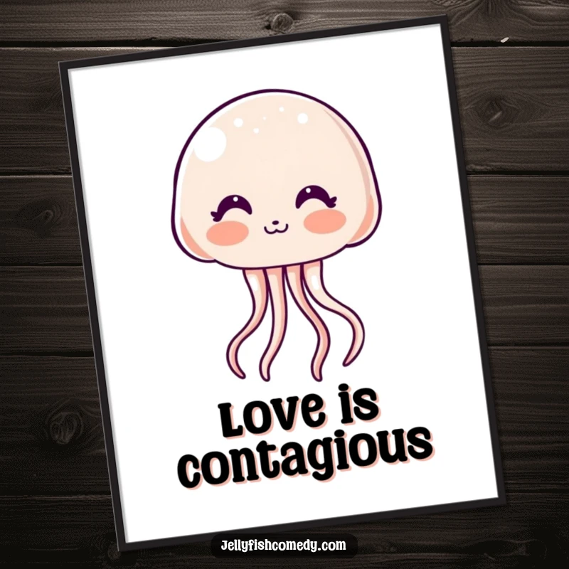 Funny Poster: An endearing kawaii jellyfish with a shy blush blows a kiss, making for a charming and humorous piece of art.