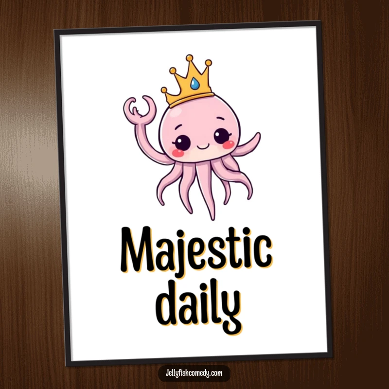 Funny Poster featuring a jellyfish adorned with a crown, waving a tentacle with regal dignity. This artwork is fit for royalty.