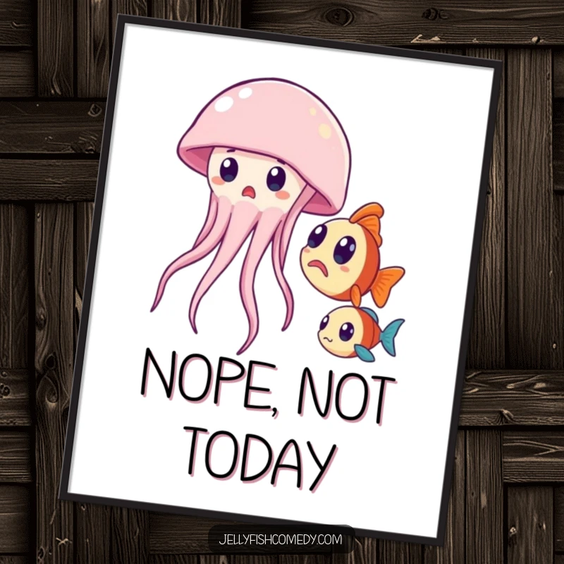 Funny poster featuring a surprised jellyfish and a curious fish, ideal for adding humor to wall decor.
