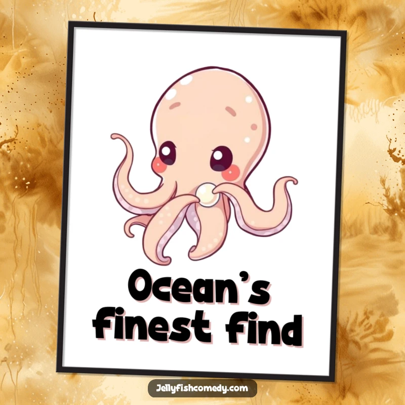 Funny tentacled being gently nudging a luminous, shimmering pearl with intense curiosity, a serene and thoughtful wall art piece.